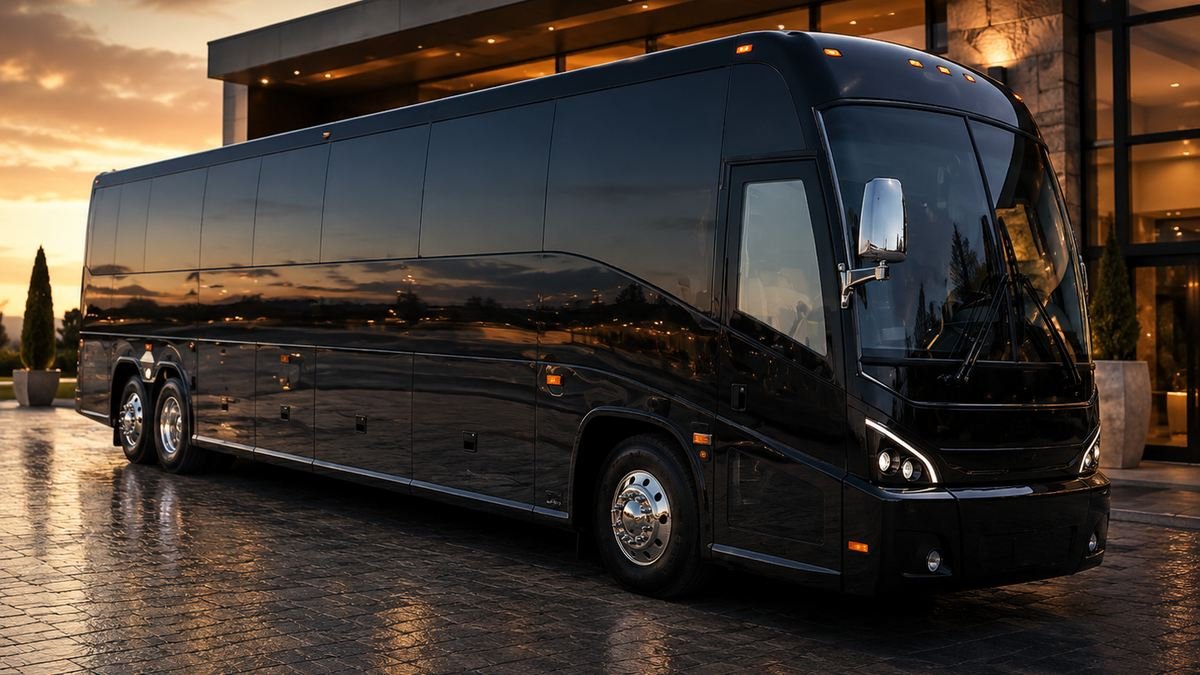 Black 55-passenger motor coach at sunset