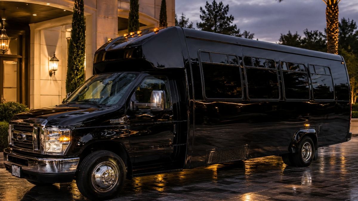 Black Ford E-450 party bus at a hotel entrance