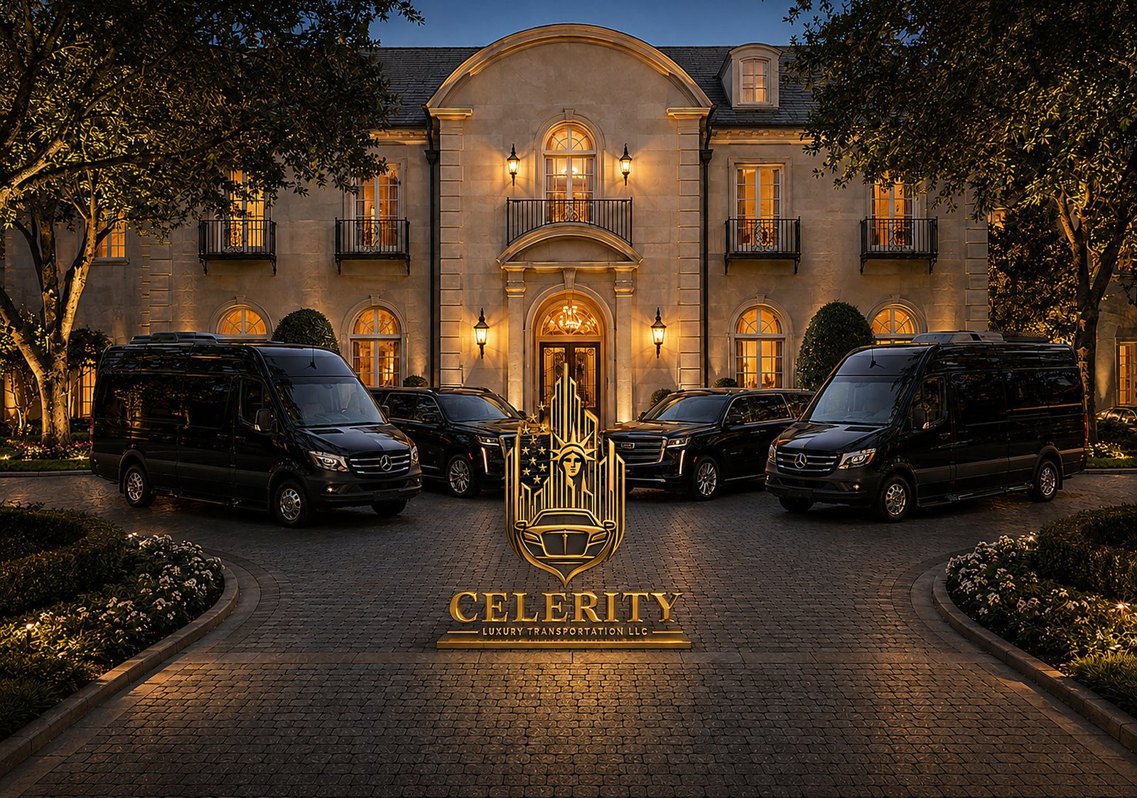 The Celerity fleet — Sprinter vans and executive SUVs with the Celerity emblem at an estate entrance at dusk